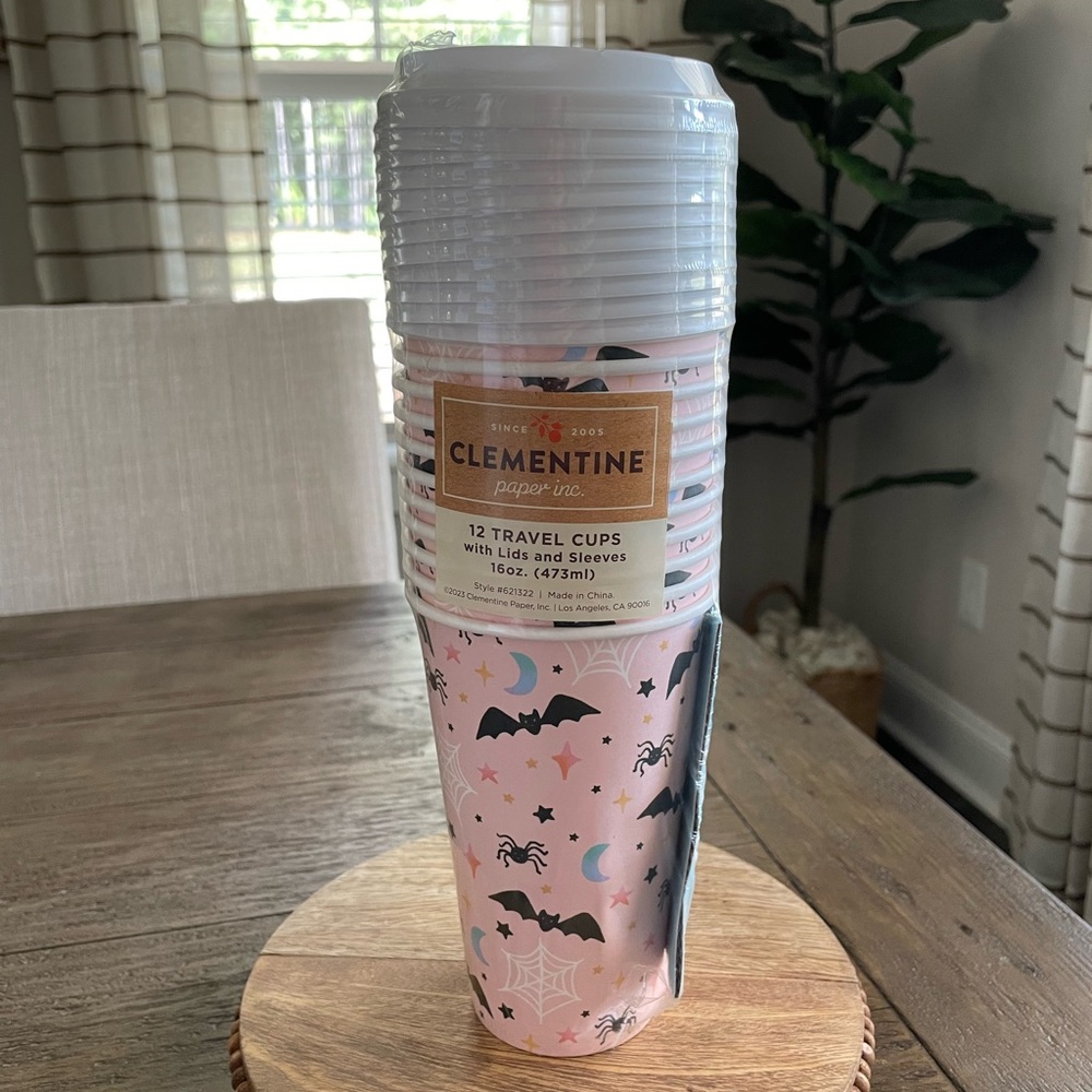 Pink Halloween 12 ct Travel cups with Lid Sleeves Ghost, Spiders, Bats